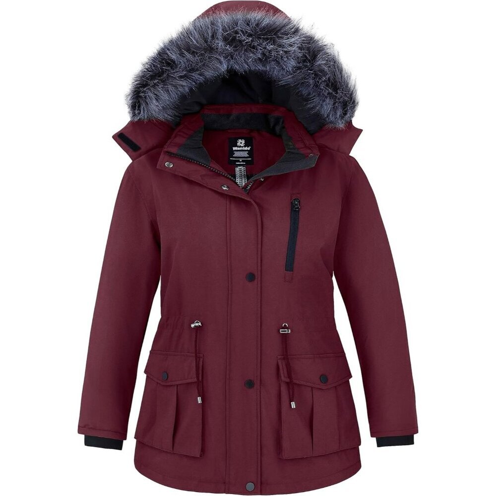 Women's  Removable Hood Puffer Jacket Coat Red Waterproof Winter Warm Thicken